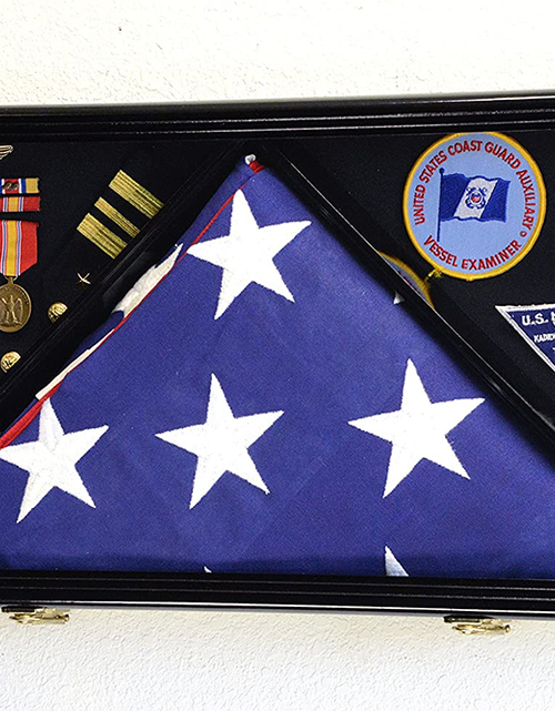 Load image into Gallery viewer, Large Flag &amp; Medals Military Pins Patches Insignia Holds up to 5x9 Flag (Black Finish) by The Military Gift Store
