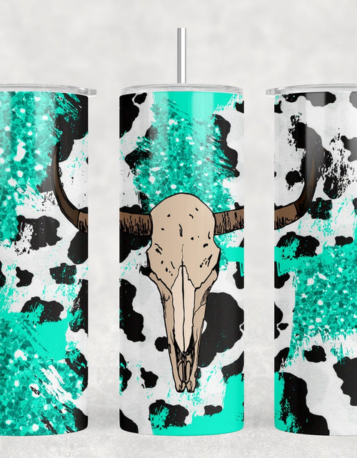 Load image into Gallery viewer, Blue Cow Print Bull Skull  - 20 oz Steel Skinny Tumbler - Optional Blue Tooth Speaker - Speaker Color will Vary by Rowdy Ridge Co
