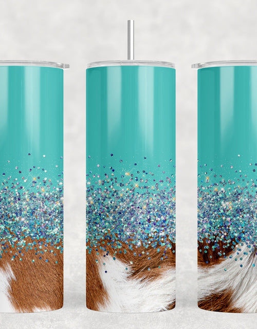 Load image into Gallery viewer, Blue faux cowhide - 20 oz Steel Skinny Tumbler - Optional Blue Tooth Speaker - Speaker Color will Vary by Rowdy Ridge Co
