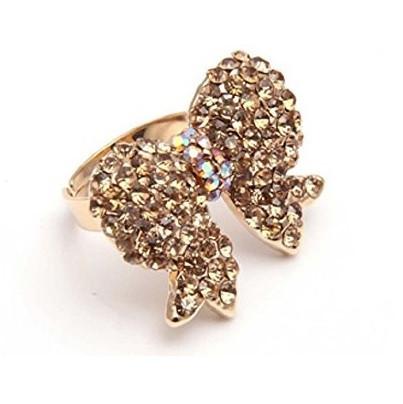 Load image into Gallery viewer, Designer Inspired Gold and Crystal 'Bow' Adjustable Cocktail Ring by Liberty Charms USA
