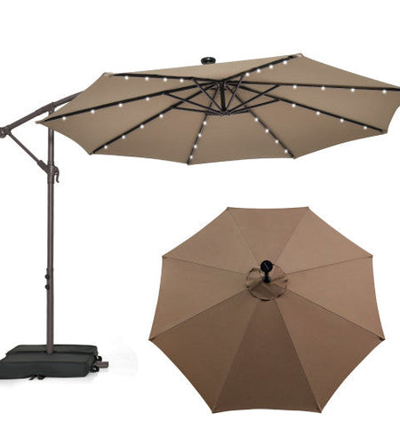 10 Feet Cantilever Umbrella with 32 LED Lights and Solar Panel Batteries-Tan