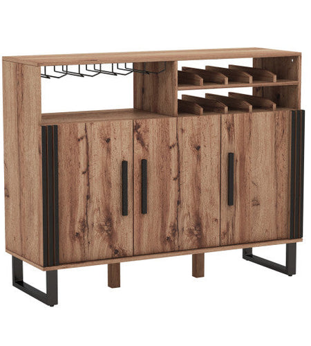 Home Wine Bar Cabinet with 3 Doors and Adjustable Shelves-Brown