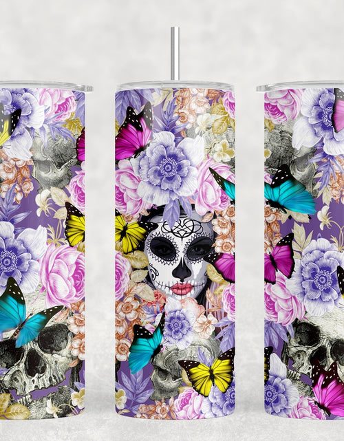 Load image into Gallery viewer, Butterfly Sugar Skull  - 20 oz Steel Skinny Tumbler - Optional Blue Tooth Speaker - Speaker Color will Vary by Rowdy Ridge Co
