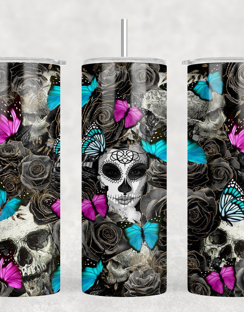 Load image into Gallery viewer, Butterfly Sugar Skull|Skinny Tumbler|Optional Bluetooth Speaker| Speaker Color Varies by Rowdy Ridge Co
