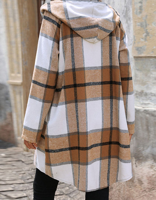 Load image into Gallery viewer, Drawstring Plaid Zip Up Long Sleeve Hooded Outerwear
