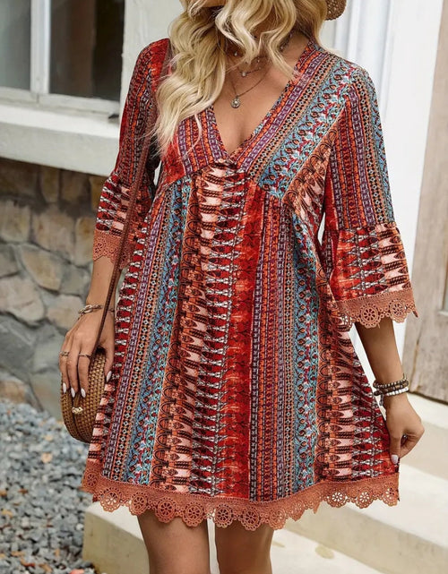 Load image into Gallery viewer, Lace Trim Printed V-Neck 3/4 Sleeve Dress
