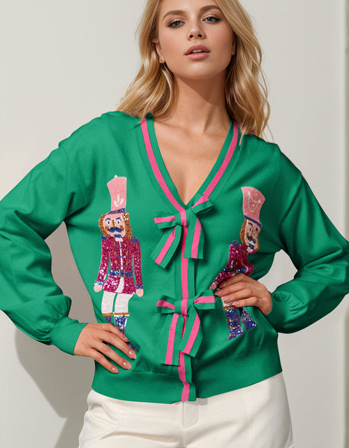 Load image into Gallery viewer, Double Take Full Size Nutcracker Sequin Bow Decor Cardigan
