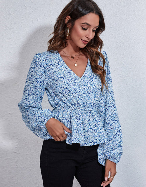 Load image into Gallery viewer, Floral V-Neck Balloon Sleeve Peplum Blouse
