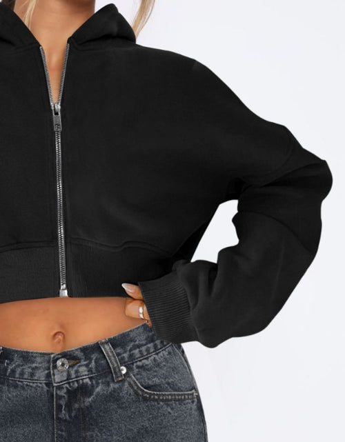 Load image into Gallery viewer, Zip Up Long Sleeve Hooded Cropped Jacket

