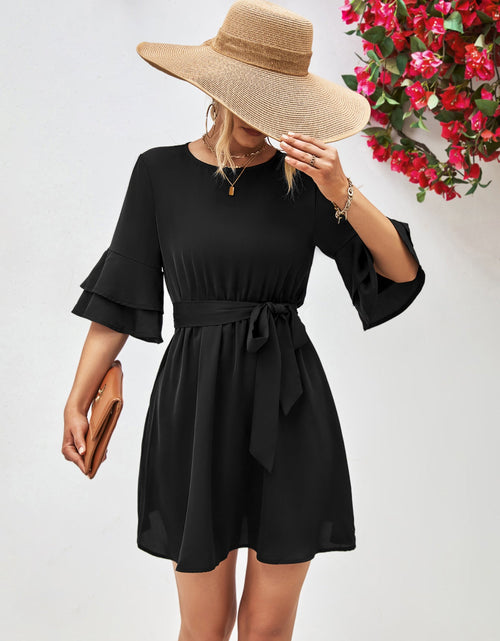 Load image into Gallery viewer, Round Neck Tie Belt Flounce Sleeve Dress
