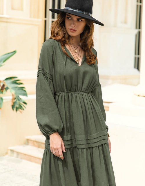 Load image into Gallery viewer, Tie Neck Long Sleeve Midi Tiered Dress
