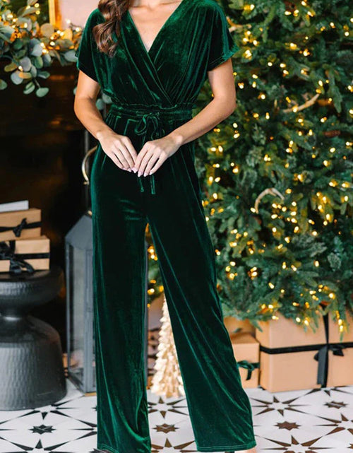 Load image into Gallery viewer, Drawstring Surplice Short Sleeve Jumpsuit
