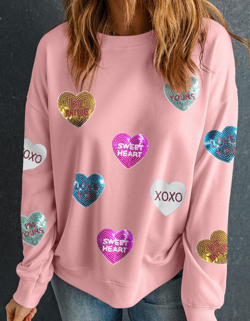Load image into Gallery viewer, Valentine’s Day Sequin Heart Round Neck Long Sleeve Sweatshirt
