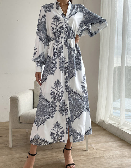 Load image into Gallery viewer, Printed Notched Lantern Sleeve Midi Dress
