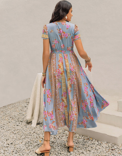 Load image into Gallery viewer, Smocked Floral V-Neck Short Sleeve Midi Dress
