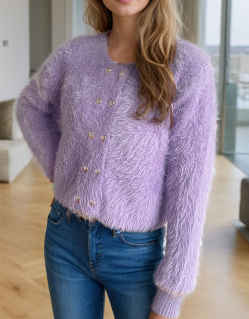 Load image into Gallery viewer, Heart Button Round Neck Cardigan

