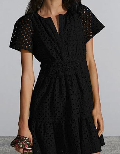 Load image into Gallery viewer, Eyelet Notched Short Sleeve Mini Dress
