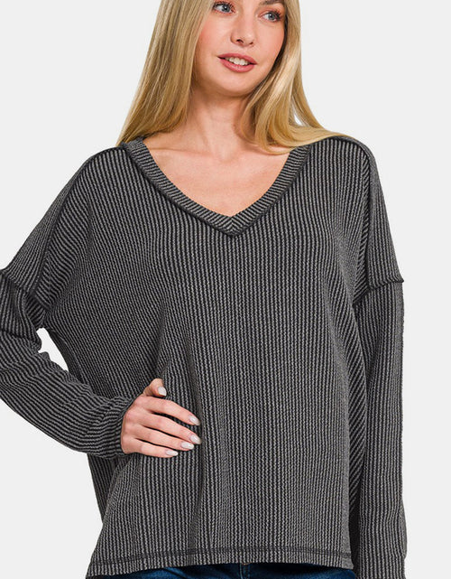 Load image into Gallery viewer, Zenana Texture Exposed Seam V-Neck Long Sleeve T-Shirt
