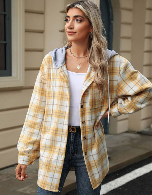 Load image into Gallery viewer, Drawstring Plaid Button Up Hooded Jacket
