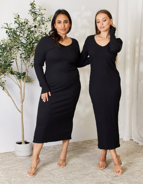 Load image into Gallery viewer, Culture Code Full Size Ribbed Long Sleeve Midi Slit Dress
