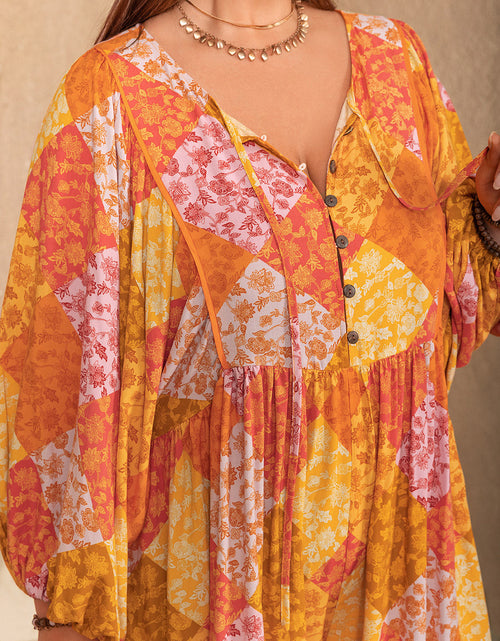Load image into Gallery viewer, Plus Size Floral Tie Neck Balloon Sleeve Romper
