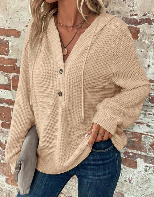 Load image into Gallery viewer, Waffle Knit Long Sleeve Drawstring Hooded Top
