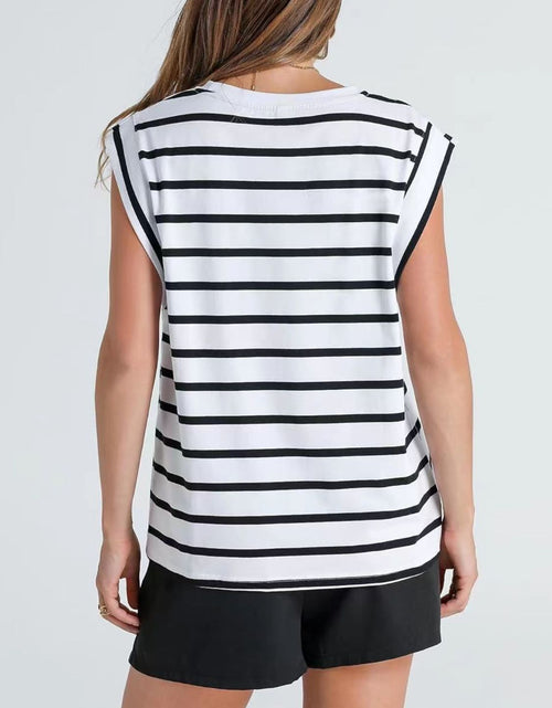 Load image into Gallery viewer, Florira Striped Round Neck Cap Sleeve T-Shirt
