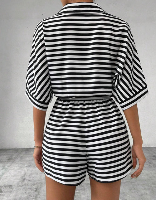 Load image into Gallery viewer, Tie Waist Half Button Striped Romper
