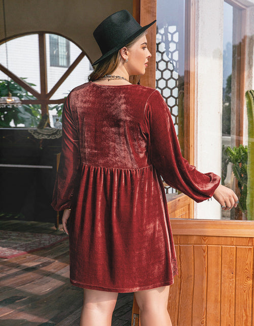 Load image into Gallery viewer, Plus Size Lace Detail V-Neck Long Sleeve Mini Dress
