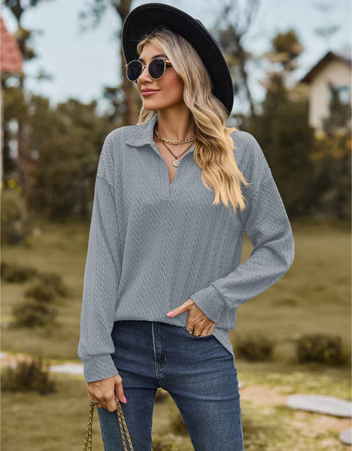 Load image into Gallery viewer, Collared Neck Cable-Knit Long Sleeve Blouse
