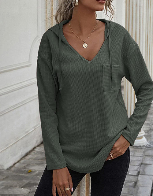 Load image into Gallery viewer, Drawstring Waffle Knit Long Sleeve Hooded Top
