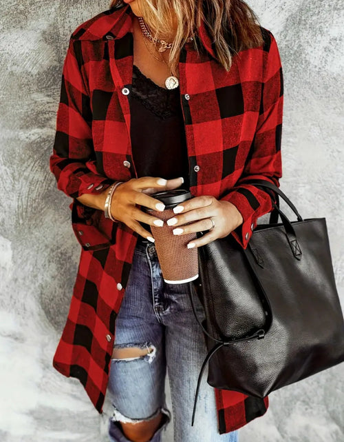 Load image into Gallery viewer, Plaid Collared Neck Snap Down Long Sleeve Jacket
