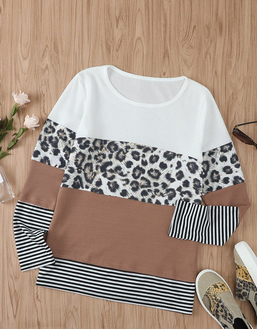 Load image into Gallery viewer, Waffle-Knit Leopard Round Neck Long Sleeve T-Shirt
