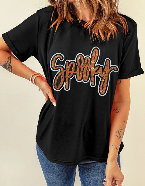 Load image into Gallery viewer, Rhinestone Letter Round Neck Short Sleeve T-Shirt
