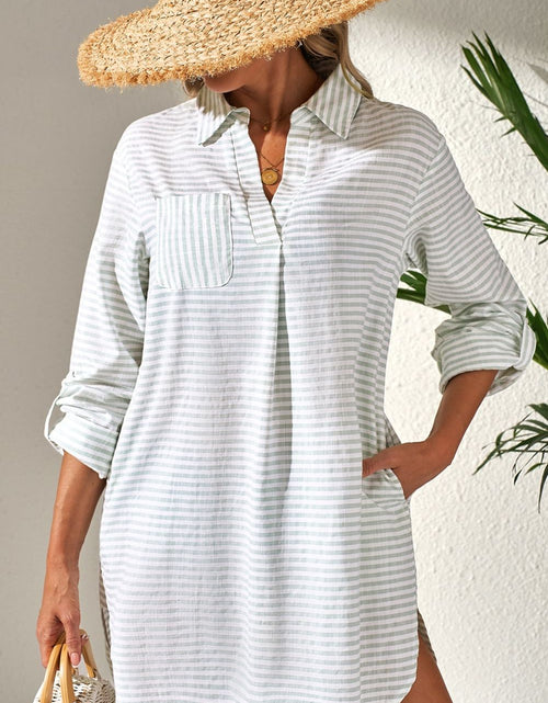 Load image into Gallery viewer, Striped Johnny Collar Long Sleeve Mini Shirt Dress
