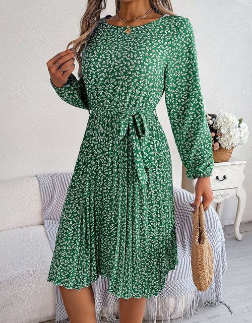 Load image into Gallery viewer, Ditsy Floral Tie Waist Pleated Dress
