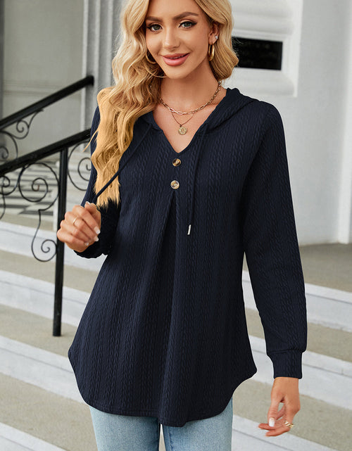 Load image into Gallery viewer, Decorative Button Drawstring Long Sleeve Hoodie
