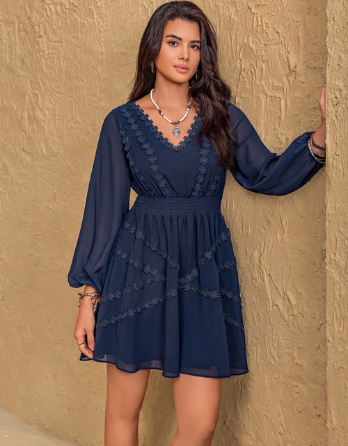 Load image into Gallery viewer, Lace Detail V-Neck Balloon Sleeve Mini Dress
