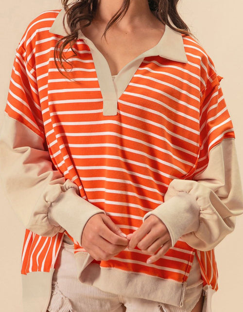 Load image into Gallery viewer, Striped Johnny Collar Long Sleeve Sweatshirt
