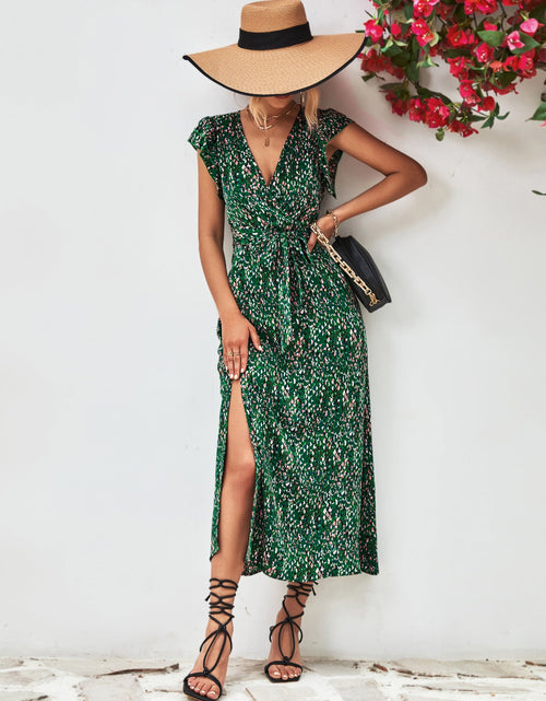 Load image into Gallery viewer, Printed Surplice Neck Flutter Sleeve Slit Dress

