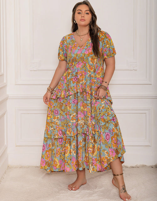 Load image into Gallery viewer, Plus Size Printed V-Neck Short Sleeve Maxi Dress
