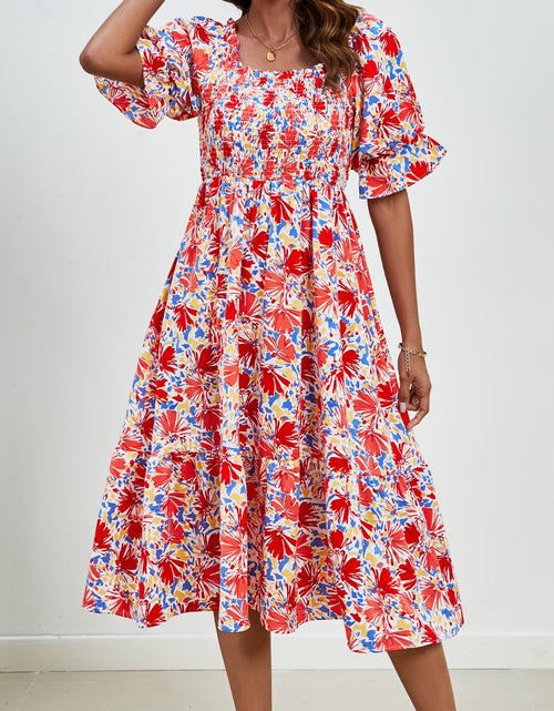 Load image into Gallery viewer, Smocked Floral Square Neck Short Sleeve Dress

