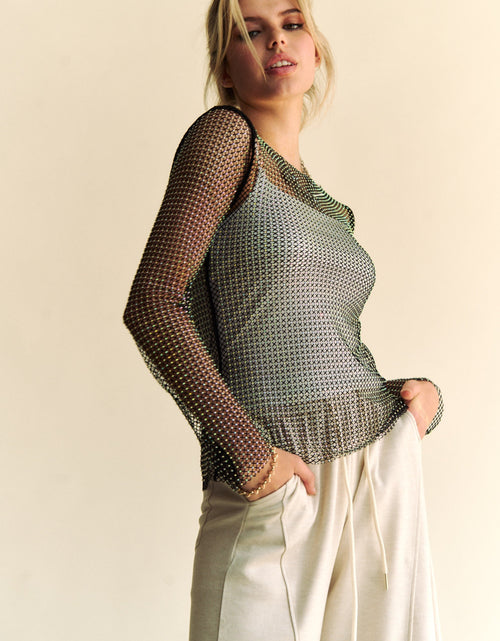 Load image into Gallery viewer, Davi &amp; Dani Sparkling Rhinestone Sheer Mesh Round Neck Top
