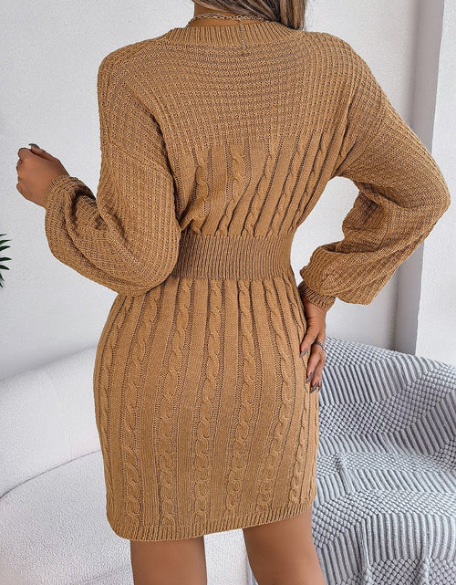 Load image into Gallery viewer, Cable-Knit Cutout Round Neck Slit Sweater Dress
