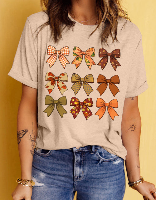Load image into Gallery viewer, Bow Graphic Round Neck Short Sleeve T-Shirt
