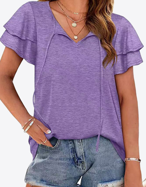 Load image into Gallery viewer, Tie-Neck Layered Flutter Sleeve Blouse
