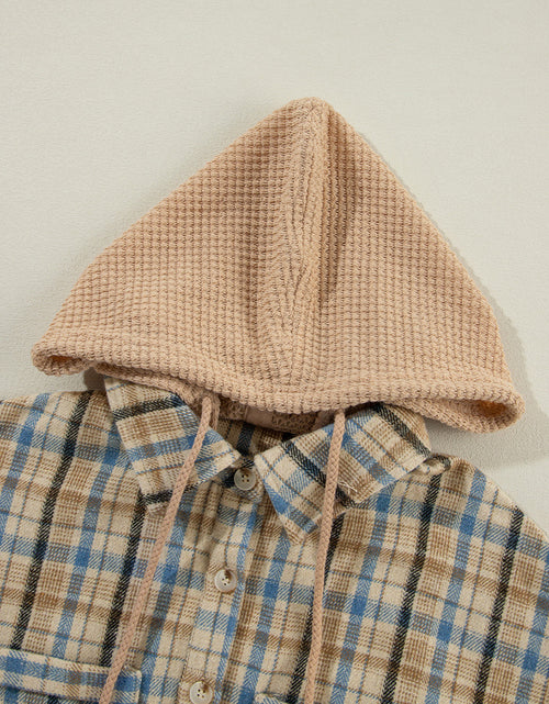 Load image into Gallery viewer, Drawstring Waffle Knit Patchwork Hooded Plaid Shacket
