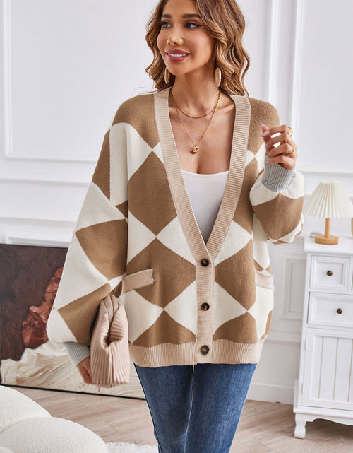 Load image into Gallery viewer, Geometric Lantern Sleeve Cardigan with Pockets

