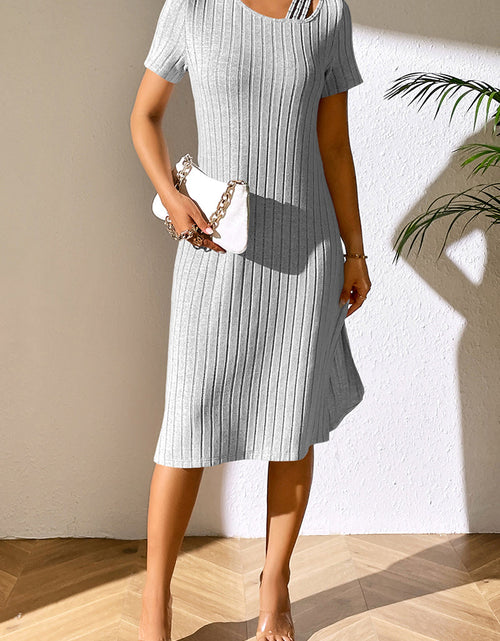 Load image into Gallery viewer, Ivy Lane Ribbed Asymmetrical Neck Short Sleeve Dress
