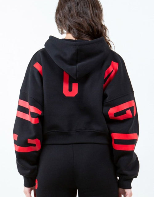 Load image into Gallery viewer, American Bazi Letter Graphic Long Sleeve Drawstring Cropped Hoodie
